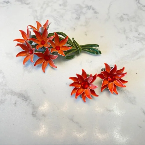 Vintage Enamel & metal pin and clip earring set - Picture 1 of 7
